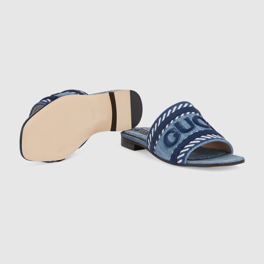 Gucci Jane Light Blue Denim Velvet Logo Mule Flat Slide Slip On Sandal 37 - Picture 7 of 16